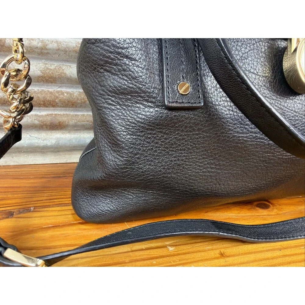 Michael Kors Hamilton Satchel Tote Leather Bag Black with Gold Lock and Chain